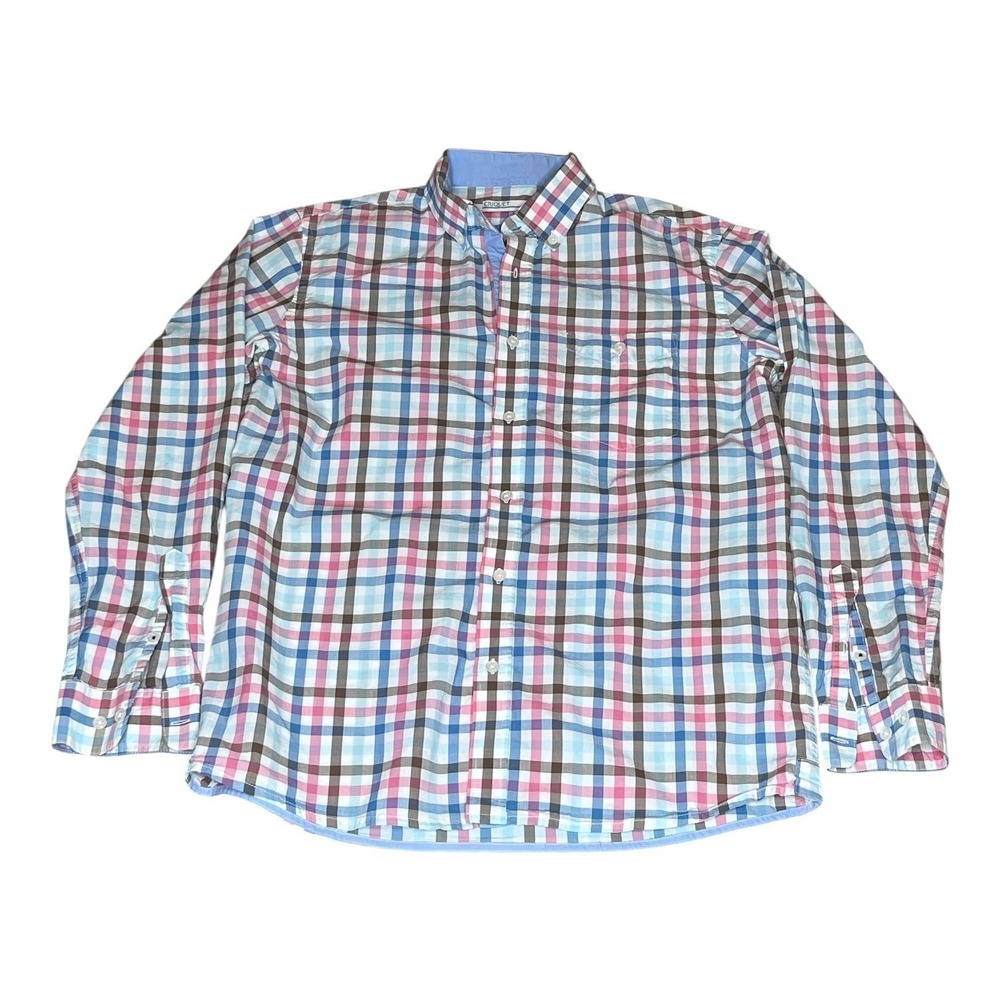 Criquet Mens Plaid Button Down Shirt Medium Blue Pink Brown Cotton Long Sleeve